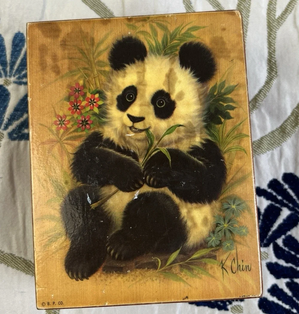 Panda Bear Trinket Box K Chin Artist Wooden Hinged Box Asian Home Decor Vintage